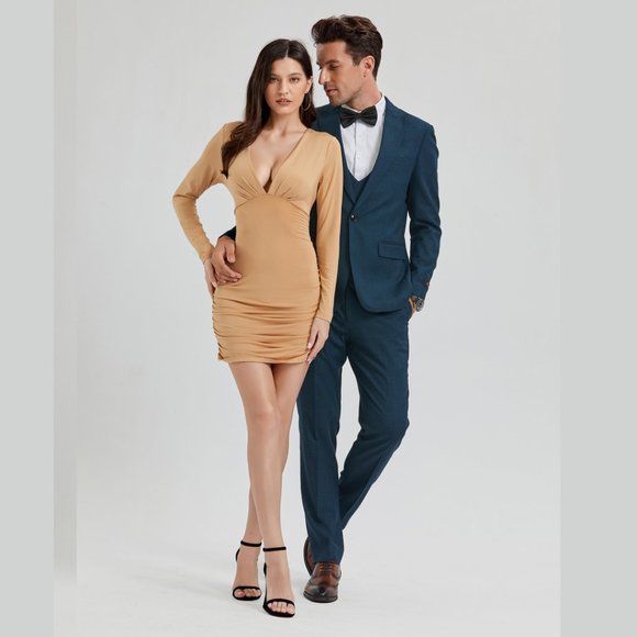 Mens Skinny Fit 3pc Textured Suit by Tazio, Dark Teal - Picture 4 of 5